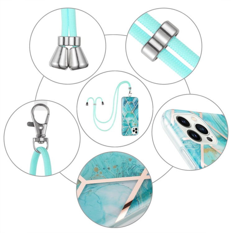 For iPhone 15 Pro Max Electroplating Splicing Marble Pattern IMD TPU Shockproof Case with Neck Lanyard(Blue) - HoMEdemic™ 