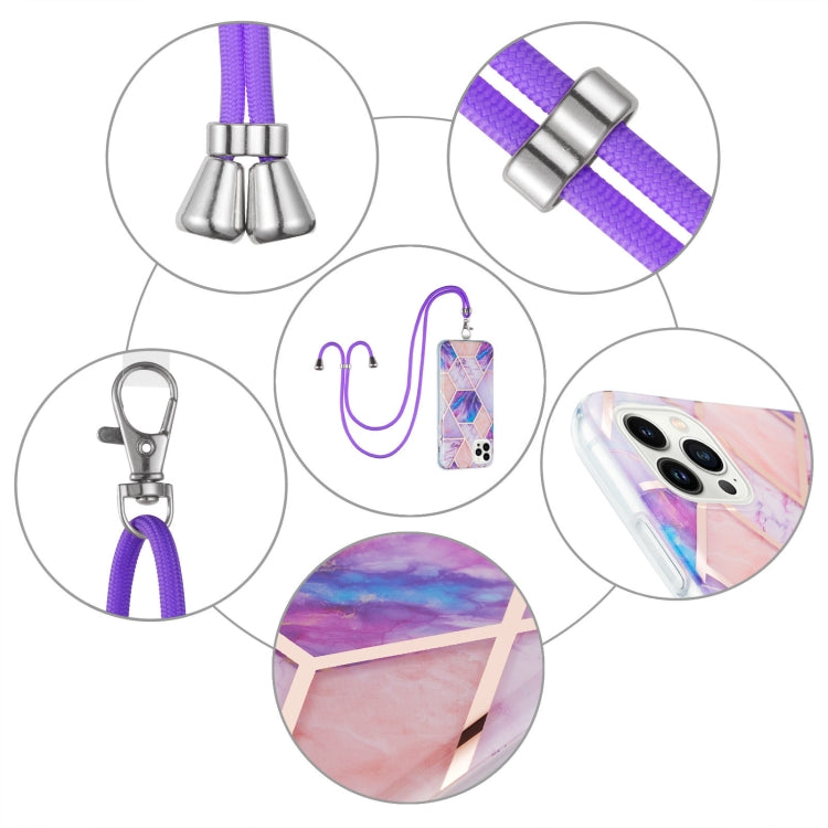 For iPhone 15 Pro Max Electroplating Splicing Marble Pattern IMD TPU Shockproof Case with Neck Lanyard(Light Purple) - HoMEdemic™ 