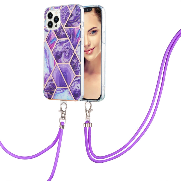 For iPhone 15 Pro Max Electroplating Splicing Marble Pattern IMD TPU Shockproof Case with Neck Lanyard(Dark Purple) - HoMEdemic™ 