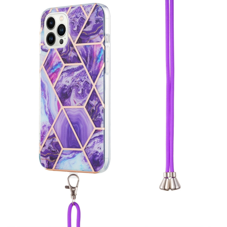 For iPhone 15 Pro Max Electroplating Splicing Marble Pattern IMD TPU Shockproof Case with Neck Lanyard(Dark Purple) - HoMEdemic™ 
