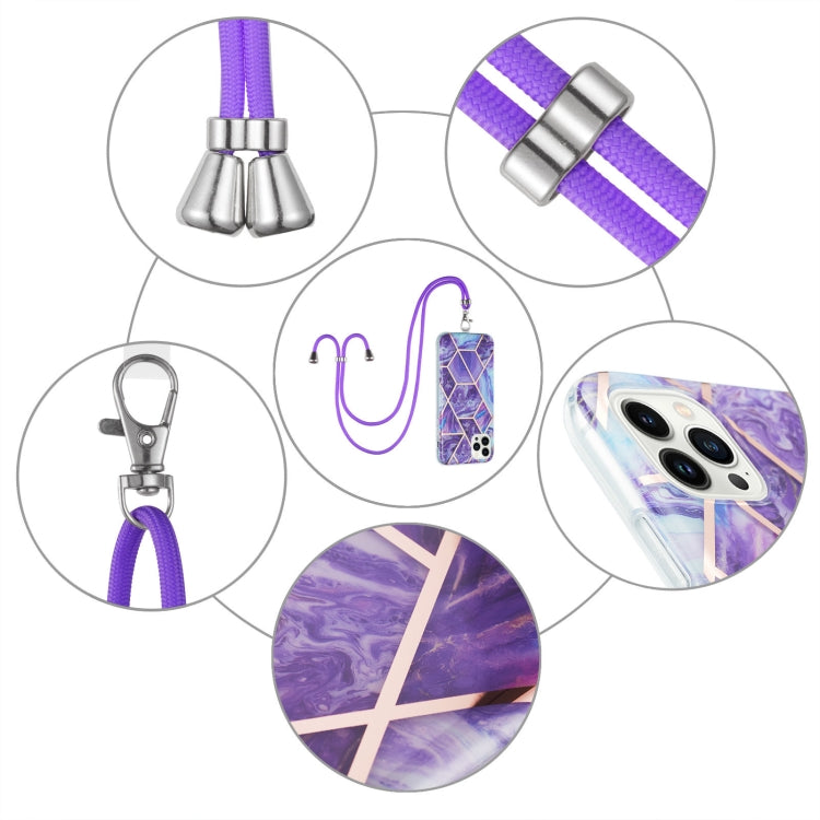 For iPhone 15 Pro Max Electroplating Splicing Marble Pattern IMD TPU Shockproof Case with Neck Lanyard(Dark Purple) - HoMEdemic™ 