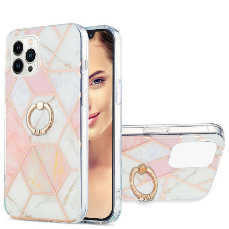 For iPhone 15 Pro Electroplating Splicing Marble Pattern IMD TPU Shockproof Case with Ring Holder(Pink White) - HoMEdemic™ 
