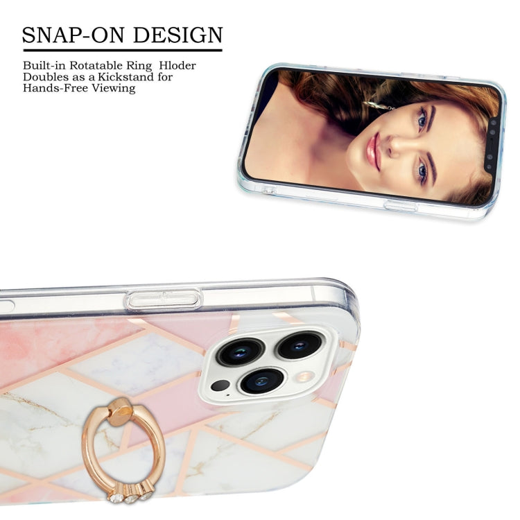 For iPhone 15 Pro Electroplating Splicing Marble Pattern IMD TPU Shockproof Case with Ring Holder(Pink White) - HoMEdemic™ 
