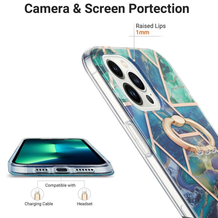 For iPhone 15 Pro Electroplating Splicing Marble Pattern IMD TPU Shockproof Case with Ring Holder(Blue Green) - HoMEdemic™ 