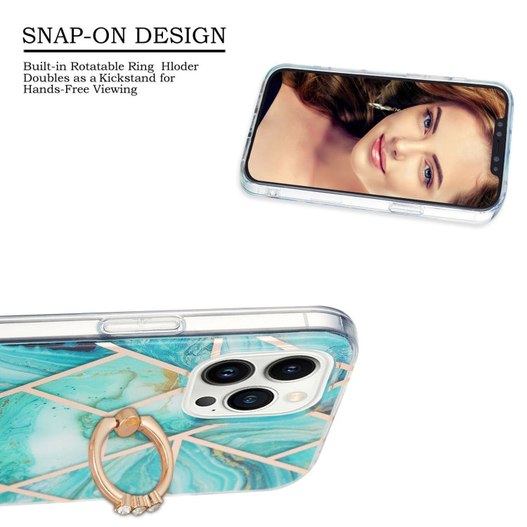 For iPhone 15 Pro Electroplating Splicing Marble Pattern IMD TPU Shockproof Case with Ring Holder(Blue) - HoMEdemic™ 