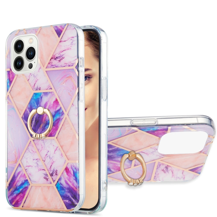 For iPhone 15 Pro Electroplating Splicing Marble Pattern IMD TPU Shockproof Case with Ring Holder(Light Purple) - HoMEdemic™ 