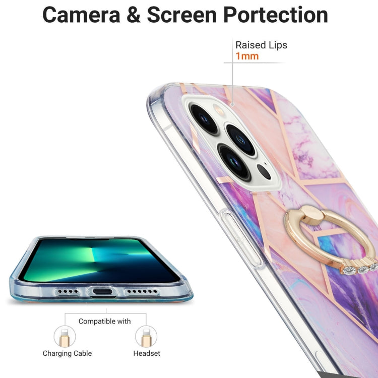 For iPhone 15 Pro Electroplating Splicing Marble Pattern IMD TPU Shockproof Case with Ring Holder(Light Purple) - HoMEdemic™ 