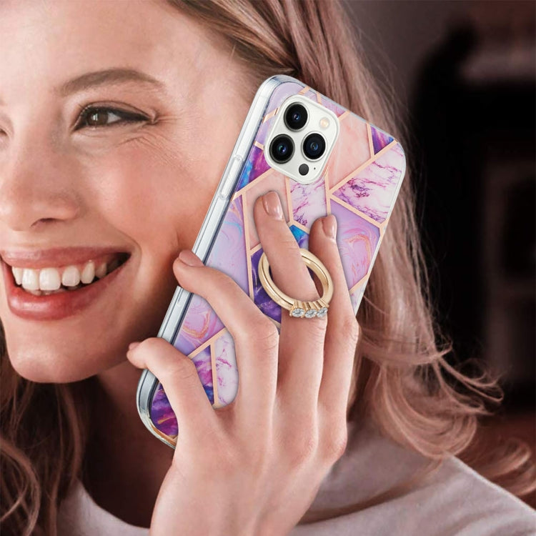 For iPhone 15 Pro Electroplating Splicing Marble Pattern IMD TPU Shockproof Case with Ring Holder(Light Purple) - HoMEdemic™ 