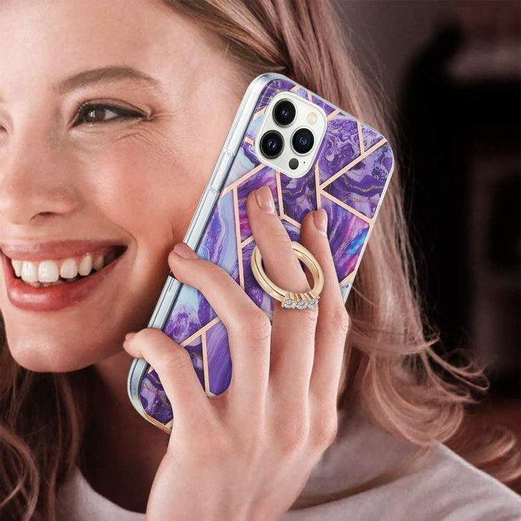 For iPhone 15 Pro Electroplating Splicing Marble Pattern IMD TPU Shockproof Case with Ring Holder(Dark Purple) - HoMEdemic™ 