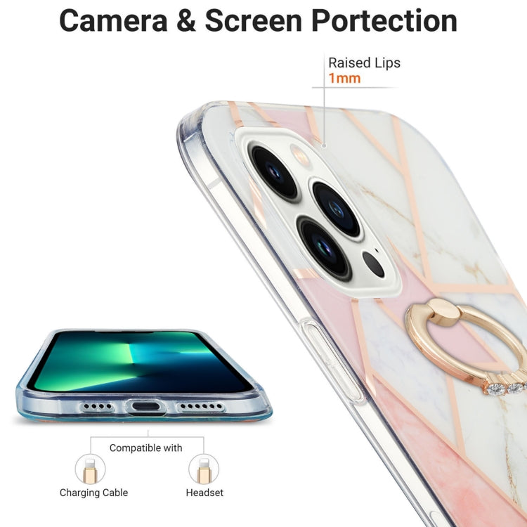 For iPhone 15 Pro Max Electroplating Splicing Marble Pattern IMD TPU Shockproof Case with Ring Holder(Pink White) - HoMEdemic™ 