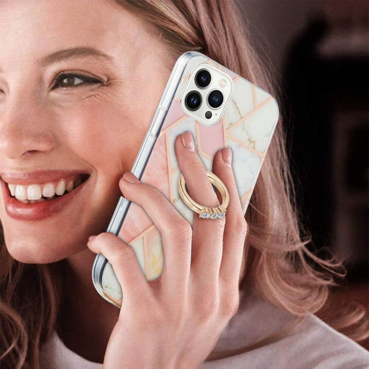 For iPhone 15 Pro Max Electroplating Splicing Marble Pattern IMD TPU Shockproof Case with Ring Holder(Pink White) - HoMEdemic™ 
