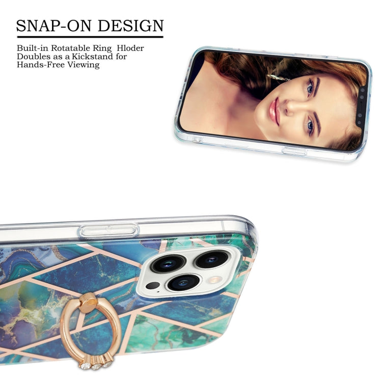 For iPhone 15 Pro Max Electroplating Splicing Marble Pattern IMD TPU Shockproof Case with Ring Holder(Blue Green) - HoMEdemic™ 