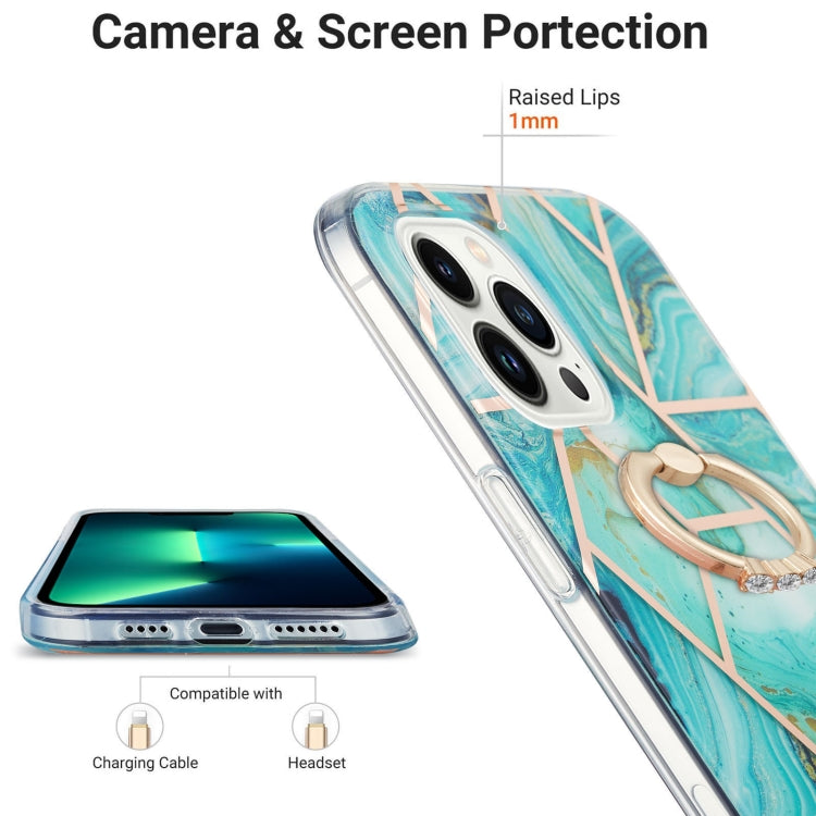 For iPhone 15 Pro Max Electroplating Splicing Marble Pattern IMD TPU Shockproof Case with Ring Holder(Blue) - HoMEdemic™ 