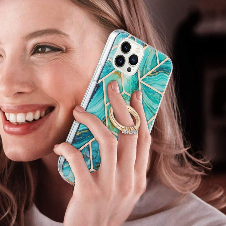 For iPhone 15 Pro Max Electroplating Splicing Marble Pattern IMD TPU Shockproof Case with Ring Holder(Blue) - HoMEdemic™ 