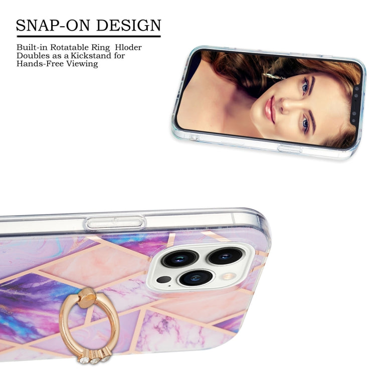 For iPhone 15 Pro Max Electroplating Splicing Marble Pattern IMD TPU Shockproof Case with Ring Holder(Light Purple) - HoMEdemic™ 