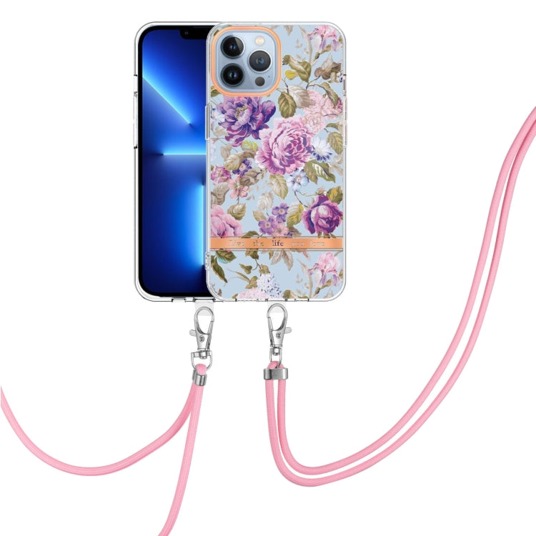 For iPhone 15 Pro Flowers and Plants Series IMD TPU Phone Case with Lanyard(Purple Peony) - HoMEdemic™ 