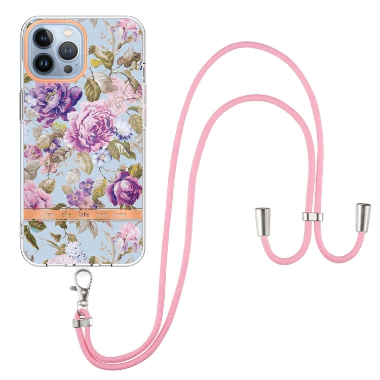 For iPhone 15 Pro Flowers and Plants Series IMD TPU Phone Case with Lanyard(Purple Peony) - HoMEdemic™ 