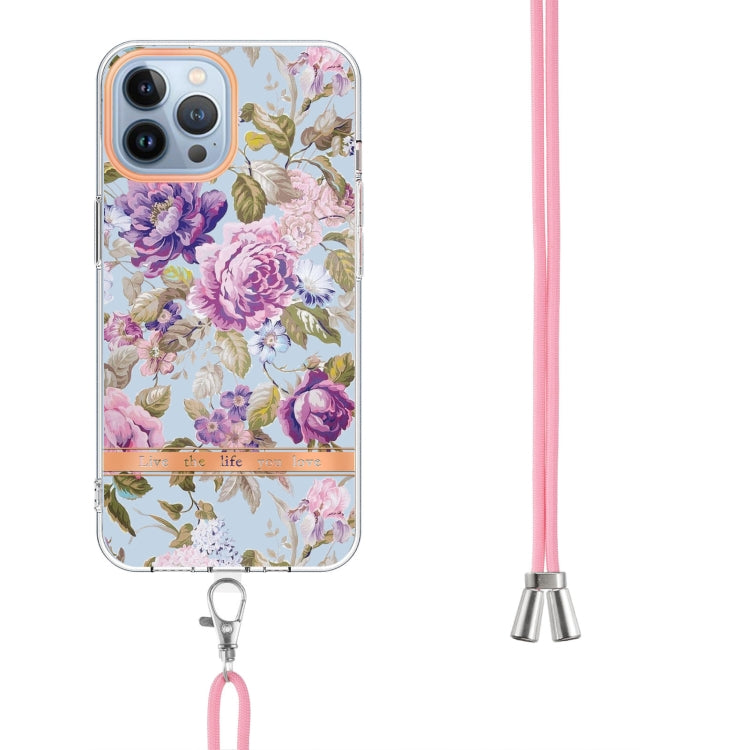 For iPhone 15 Pro Flowers and Plants Series IMD TPU Phone Case with Lanyard(Purple Peony) - HoMEdemic™ 