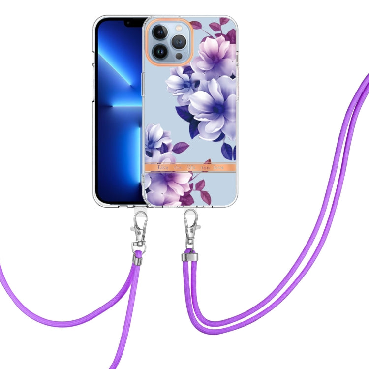 For iPhone 15 Pro Flowers and Plants Series IMD TPU Phone Case with Lanyard(Purple Begonia) - HoMEdemic™ 
