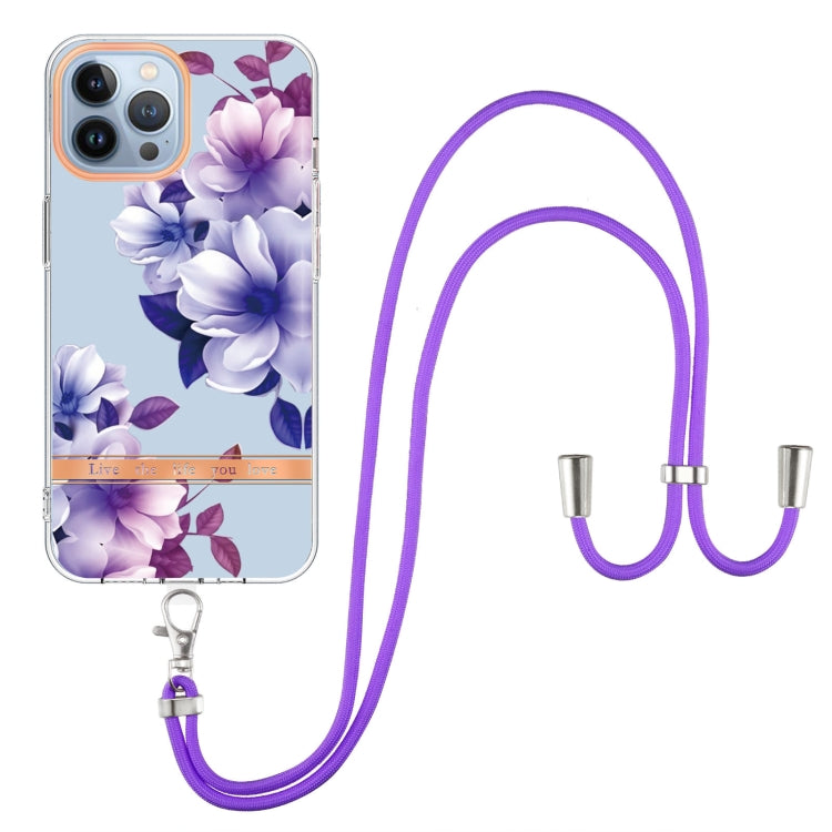 For iPhone 15 Pro Flowers and Plants Series IMD TPU Phone Case with Lanyard(Purple Begonia) - HoMEdemic™ 