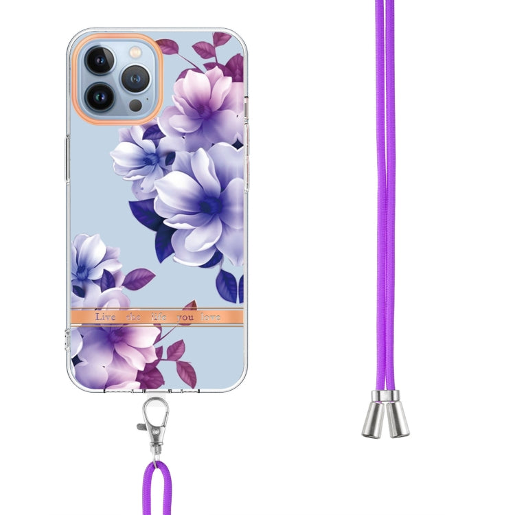 For iPhone 15 Pro Flowers and Plants Series IMD TPU Phone Case with Lanyard(Purple Begonia) - HoMEdemic™ 