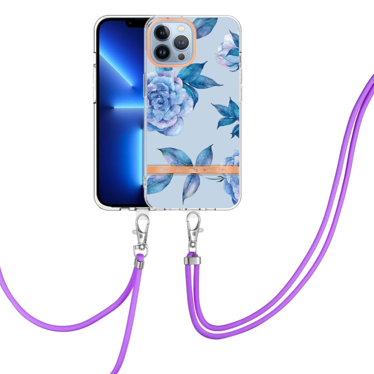 For iPhone 15 Pro Flowers and Plants Series IMD TPU Phone Case with Lanyard(Blue Peony) - HoMEdemic™ 