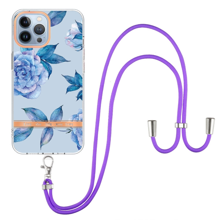 For iPhone 15 Pro Flowers and Plants Series IMD TPU Phone Case with Lanyard(Blue Peony) - HoMEdemic™ 