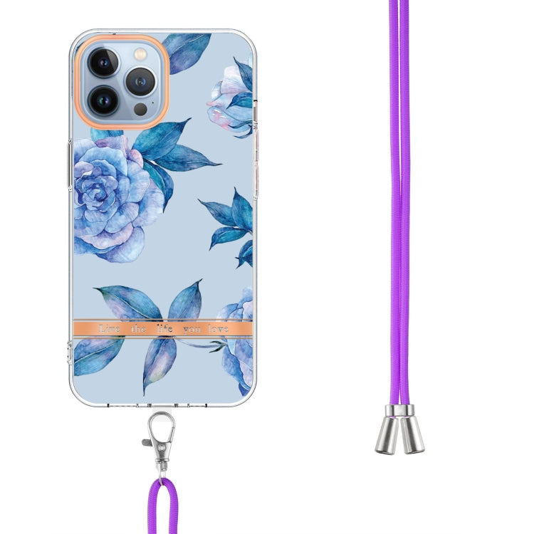 For iPhone 15 Pro Flowers and Plants Series IMD TPU Phone Case with Lanyard(Blue Peony) - HoMEdemic™ 