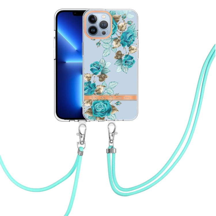 For iPhone 15 Pro Flowers and Plants Series IMD TPU Phone Case with Lanyard(Blue Rose) - HoMEdemic™ 