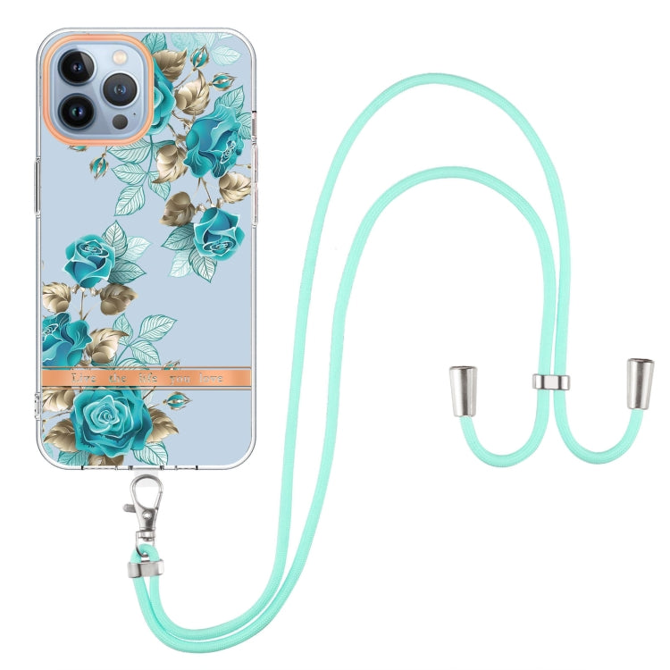 For iPhone 15 Pro Flowers and Plants Series IMD TPU Phone Case with Lanyard(Blue Rose) - HoMEdemic™ 