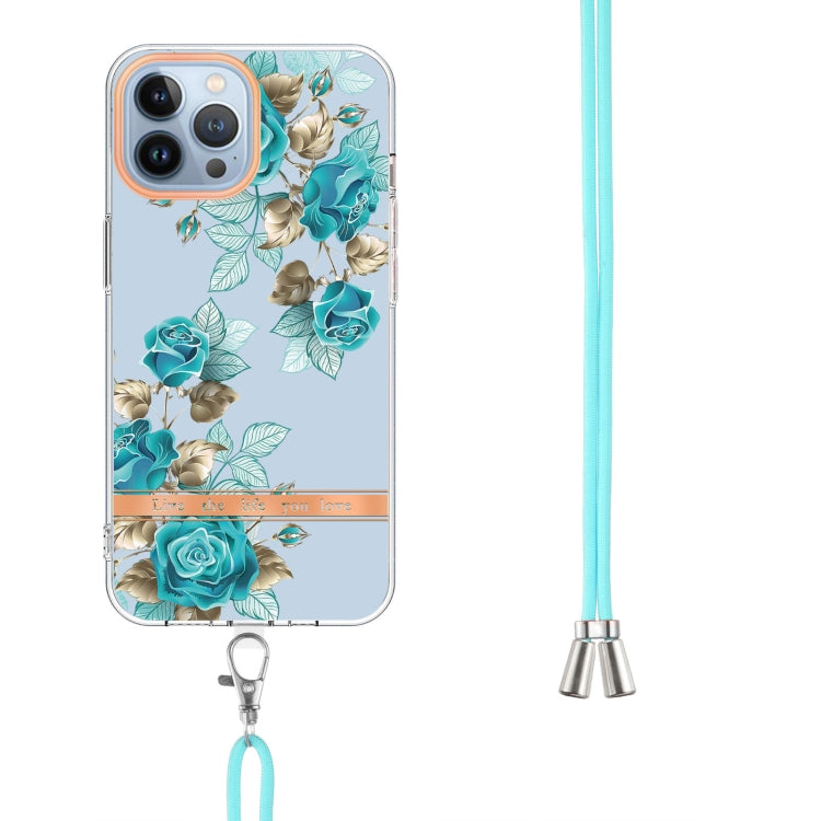 For iPhone 15 Pro Flowers and Plants Series IMD TPU Phone Case with Lanyard(Blue Rose) - HoMEdemic™ 