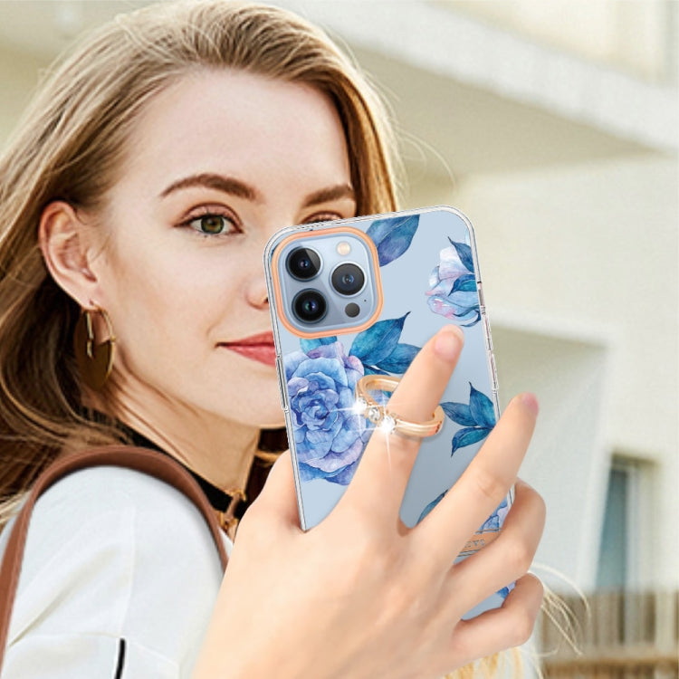 For iPhone 15 Pro Ring IMD Flowers TPU Phone Case(Blue Peony) - HoMEdemic™ 