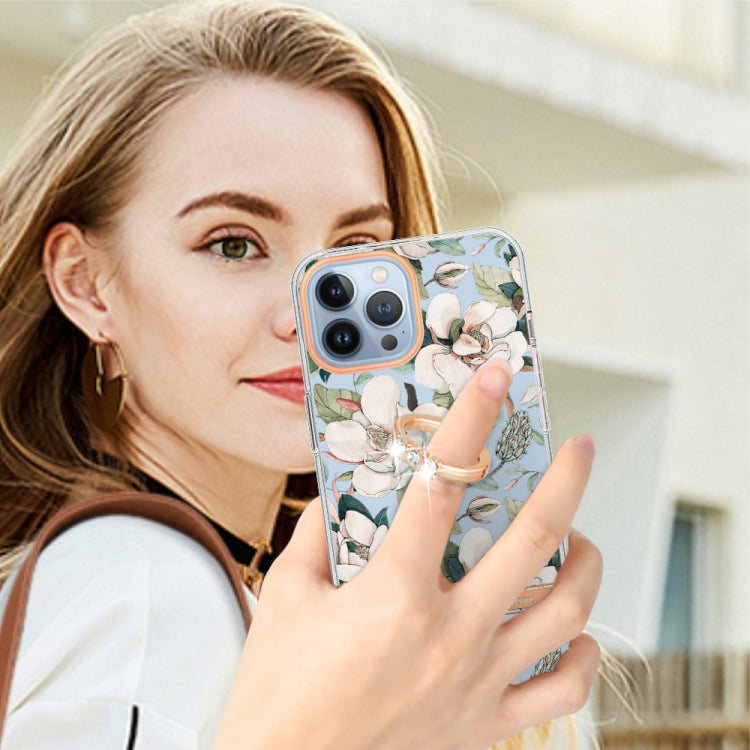 For iPhone 15 Pro Max Ring IMD Flowers TPU Phone Case(Green Gardenia) - HoMEdemic™ 