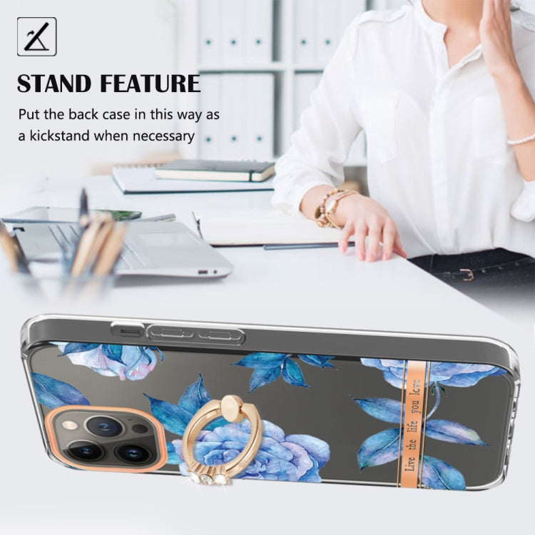 For iPhone 15 Pro Max Ring IMD Flowers TPU Phone Case(Blue Peony) - HoMEdemic™ 