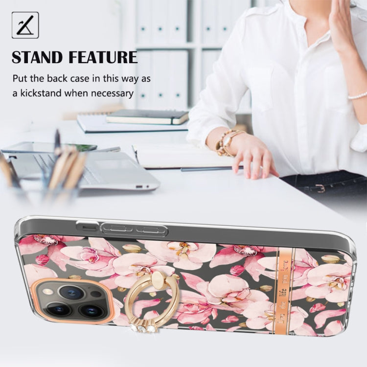 For iPhone 15 Pro Max Ring IMD Flowers TPU Phone Case(Pink Gardenia) - HoMEdemic™ 