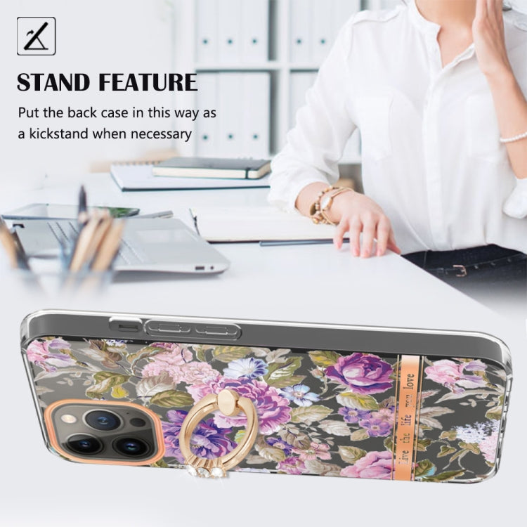 For iPhone 15 Pro Max Ring IMD Flowers TPU Phone Case(Purple Peony) - HoMEdemic™ 