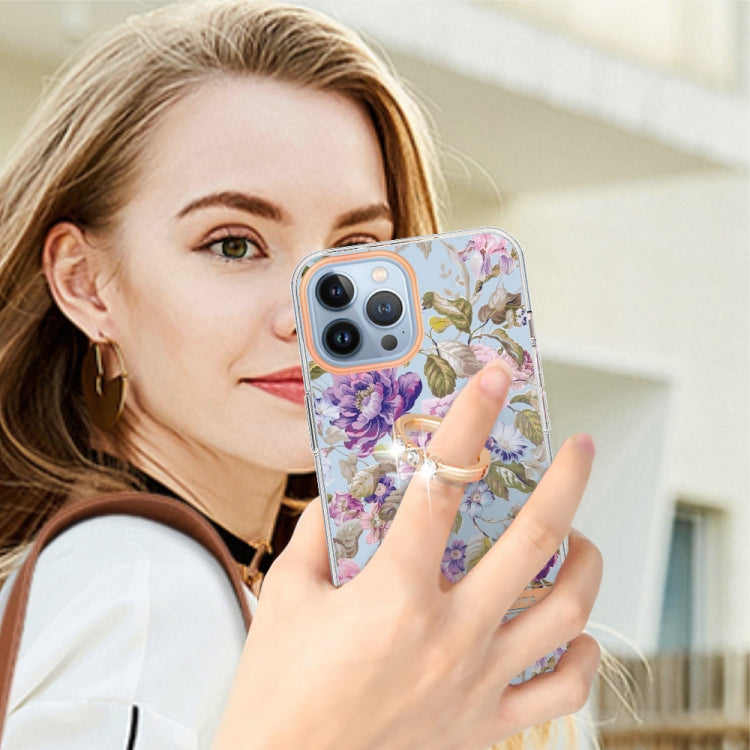 For iPhone 15 Pro Max Ring IMD Flowers TPU Phone Case(Purple Peony) - HoMEdemic™ 