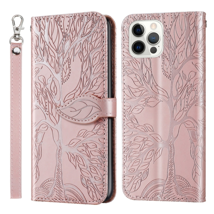 For iPhone 15 Pro Life Tree Embossing Pattern Leather Phone Case(Rose Gold) - HoMEdemic™ 