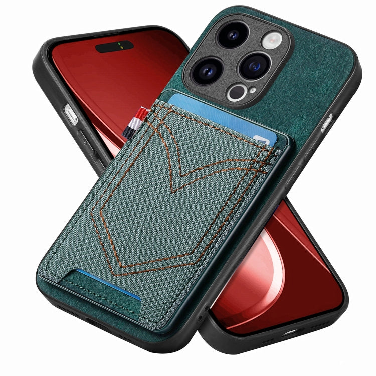For iPhone 15 Pro Denim Texture Leather Skin Phone Case with Card Slot(Green) - HoMEdemic™ 