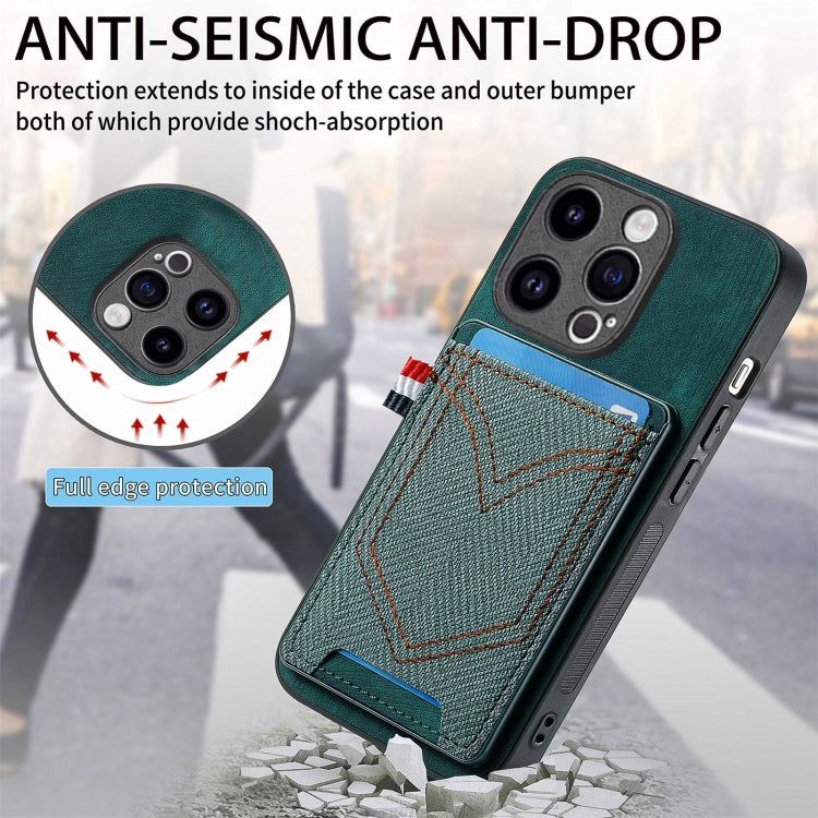 For iPhone 15 Pro Denim Texture Leather Skin Phone Case with Card Slot(Green) - HoMEdemic™ 