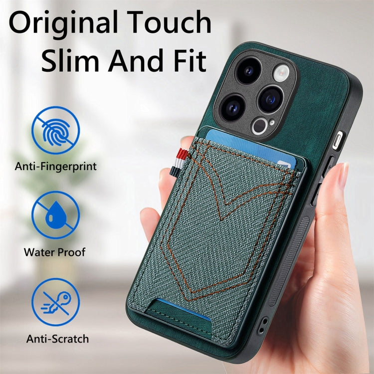 For iPhone 15 Pro Denim Texture Leather Skin Phone Case with Card Slot(Green) - HoMEdemic™ 