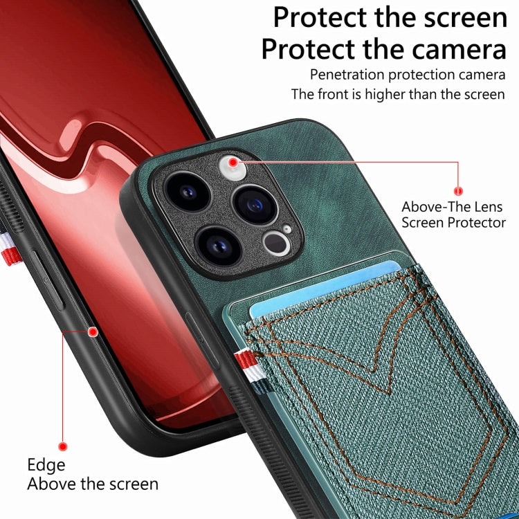 For iPhone 15 Pro Denim Texture Leather Skin Phone Case with Card Slot(Green) - HoMEdemic™ 