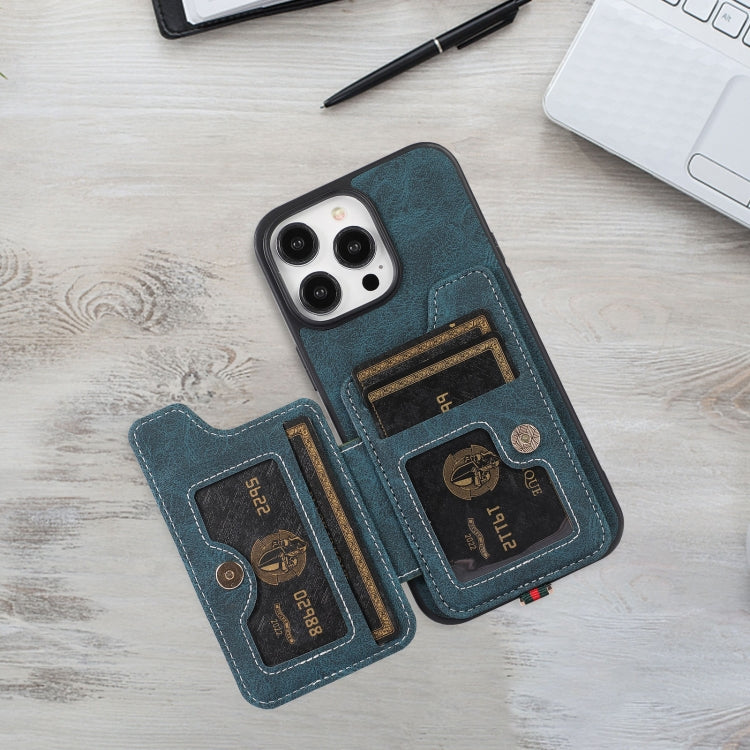 For iPhone 15 Pro ABEEL Litchi Texture Card Bag PU Phone Case(Blue) - HoMEdemic™ 