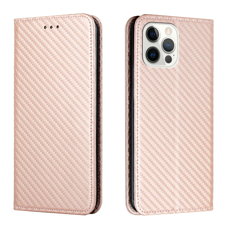 For iPhone 15 Pro Carbon Fiber Texture Flip Holder Leather Phone Case(Rose Gold) - HoMEdemic™ 