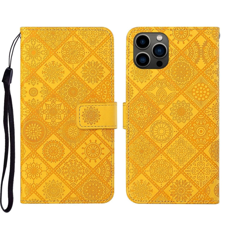 For iPhone 15 Pro Max Ethnic Style Embossed Pattern Leather Phone Case(Yellow) - HoMEdemic™ 
