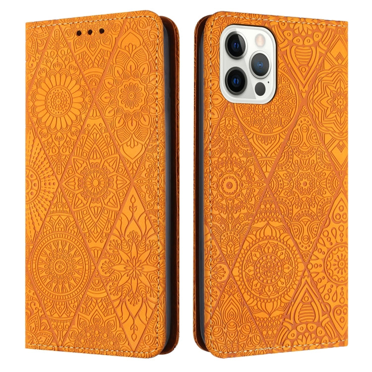 For iPhone 15 Pro Max Ethnic Embossed Adsorption Leather Phone Case(Yellow) - HoMEdemic™ 