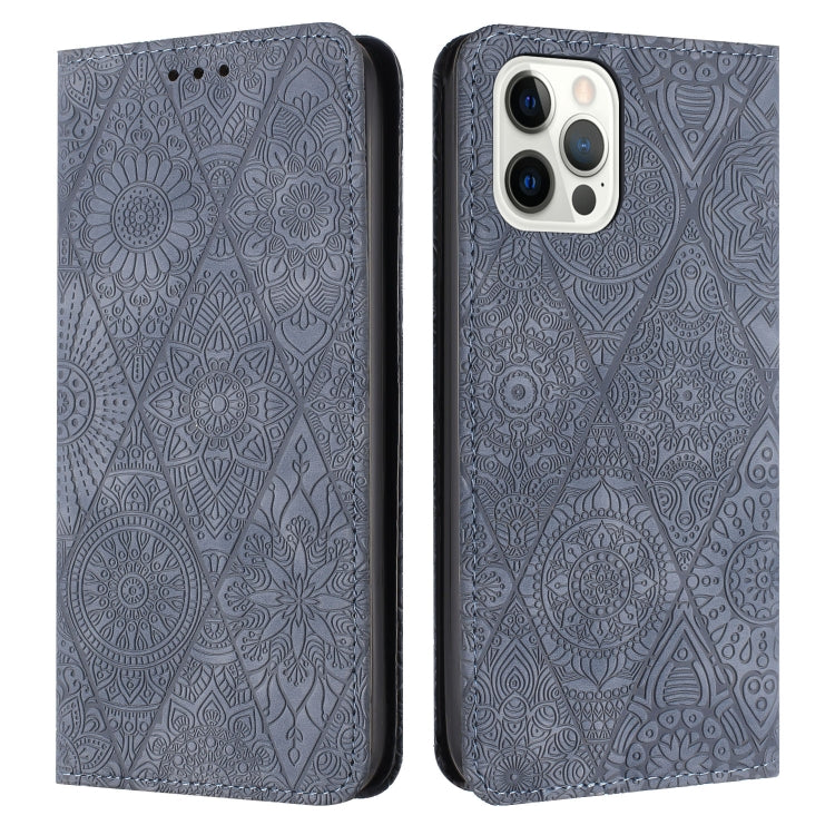 For iPhone 15 Pro Max Ethnic Embossed Adsorption Leather Phone Case(Grey) - HoMEdemic™ 