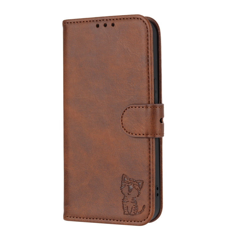 For iPhone 15 Pro Max Embossed Happy Cat Pattern Flip Leather Phone Case(Brown) - HoMEdemic™ 