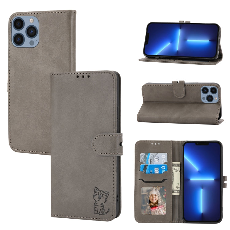 For iPhone 15 Pro Max Embossed Happy Cat Pattern Flip Leather Phone Case(Grey) - HoMEdemic™ 