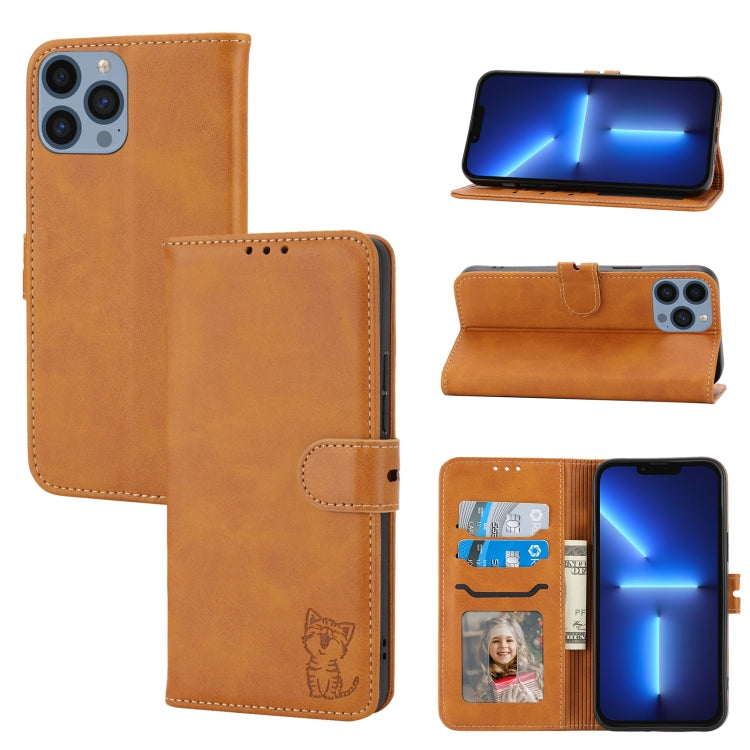 For iPhone 15 Pro Embossed Happy Cat Pattern Flip Leather Phone Case(Yellow) - HoMEdemic™ 